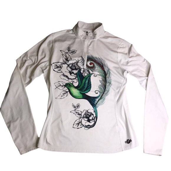 HOT CHILLYS White Half Zip Pullover White Hummingbird Bird Long Sleeve Women's L - Picture 2 of 9